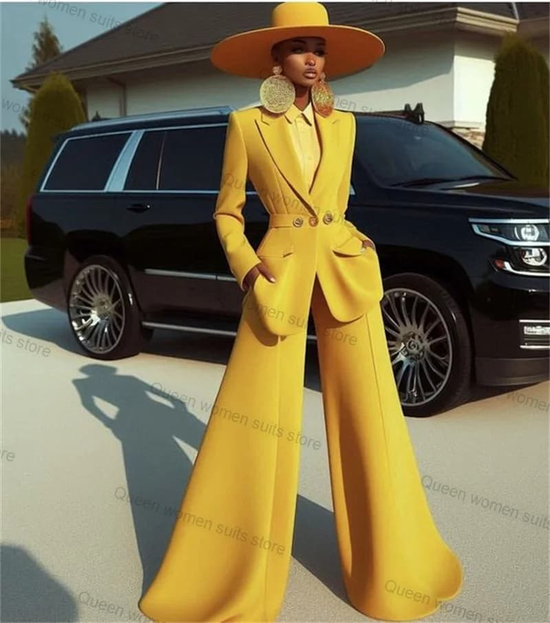 Yellow Cotton Women Suit Set 2 Piece Blazer+Wide Leg Pants Formal Office Lady Jacket Prom Dress Autumn Fall Coat Customized