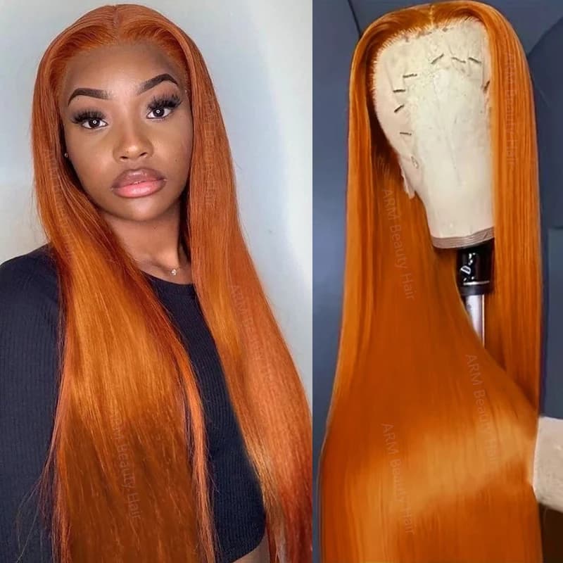 Ginger Human Hair Wig Bone Straight Ginger Orange Lace Front Wig Human Hair Transparent Lace  #350 Colored Wig With Baby Hair