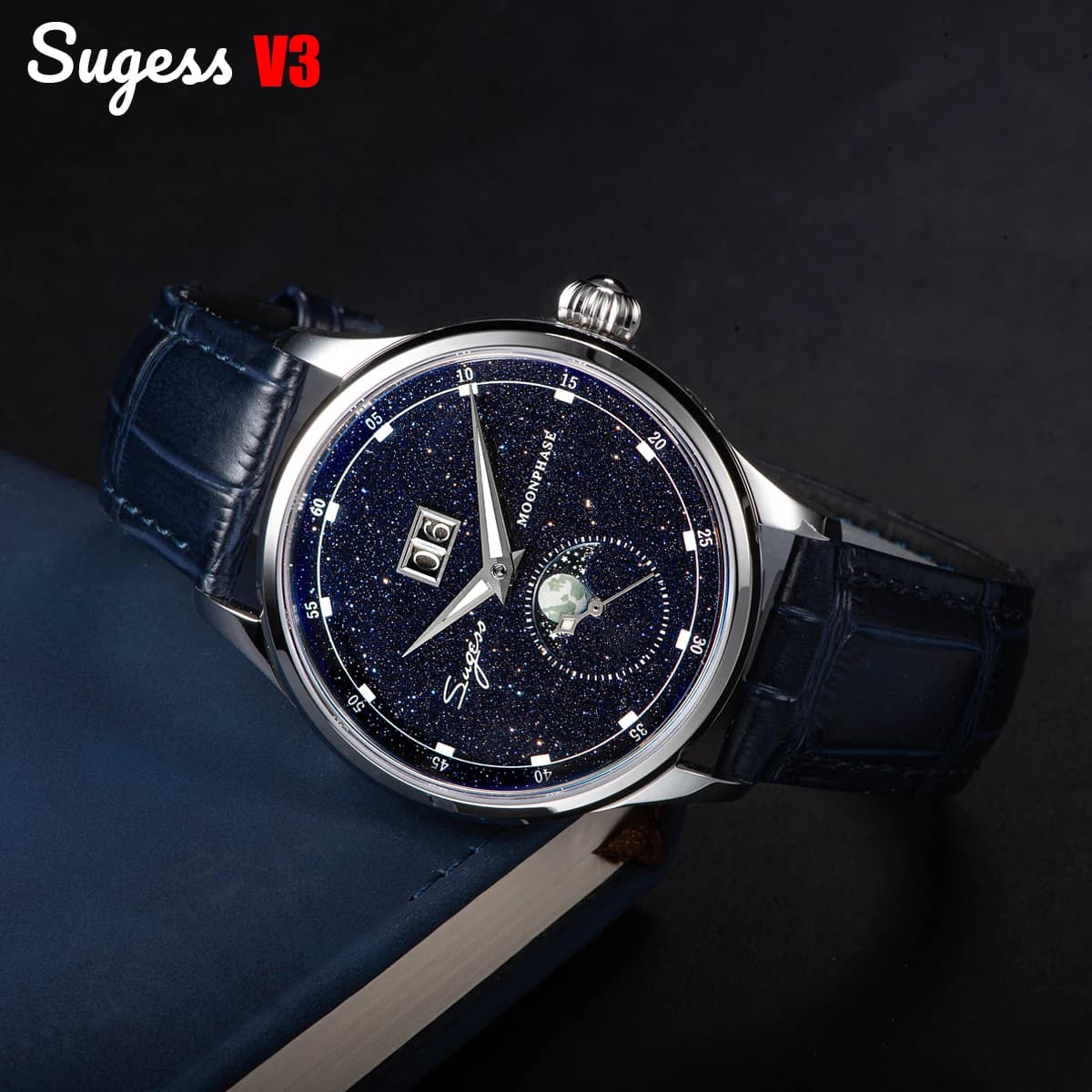 Sugess Moonphase Watch of Men 40mm Automatic Mechanical Wristwatches Origin ST2528 Movement Stainless Steel Blue Sandstone Dials