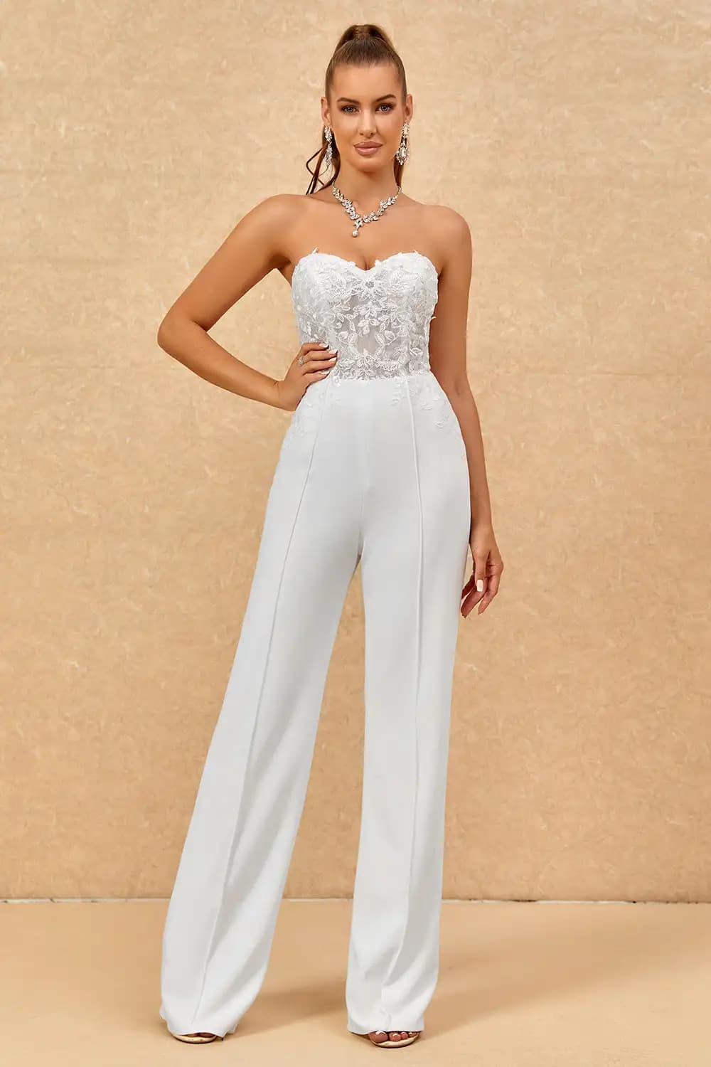CloverBridal Sweetheart Chic Jumpsuits Wedding Reception Dress Illusion Bodice Satin Long Ivory Wide-Leg Bride Pantsuit WW8272