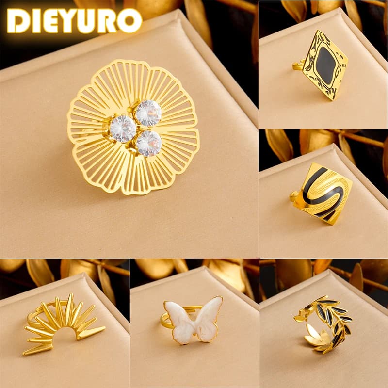 DIEYURO 316L Stainless Steel Gold Colour Flower Inlaid Zircon Adjustable Ring Womens Fashion New Finger Ring Jewelry Gift Party