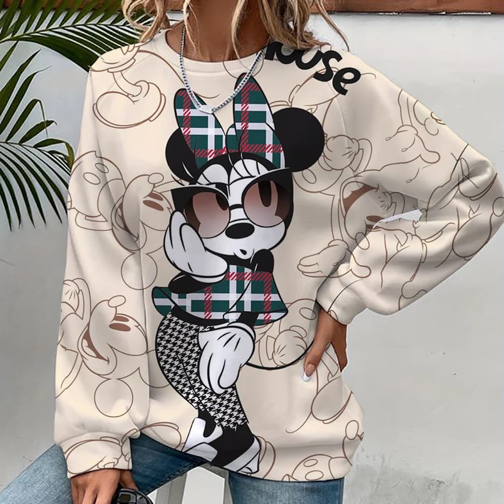 Women's Mickey Mouse Printed Sweatshirt, High Street Women's Hoodie, Y2K Pattern Clothing, Casual Round Neck Sweater