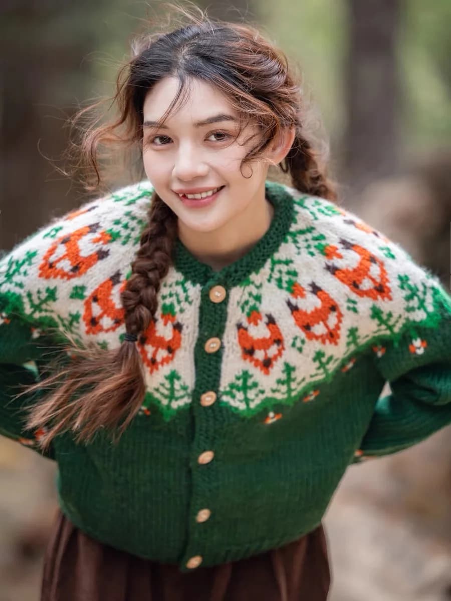 Autumn Winter Women Mori Kei Forest Girls Green Handknit Playful Foxes Jacquard Thick Warm 100% Wool Sweaters
