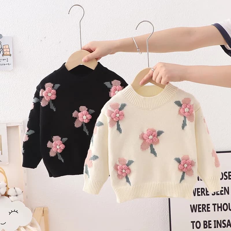Girls Floral Knitted Sweaters Autumn Toddler Pullover Knitwear Cotton Clothes Baby Kids Outwear Appliques Sweater Tops GY06041