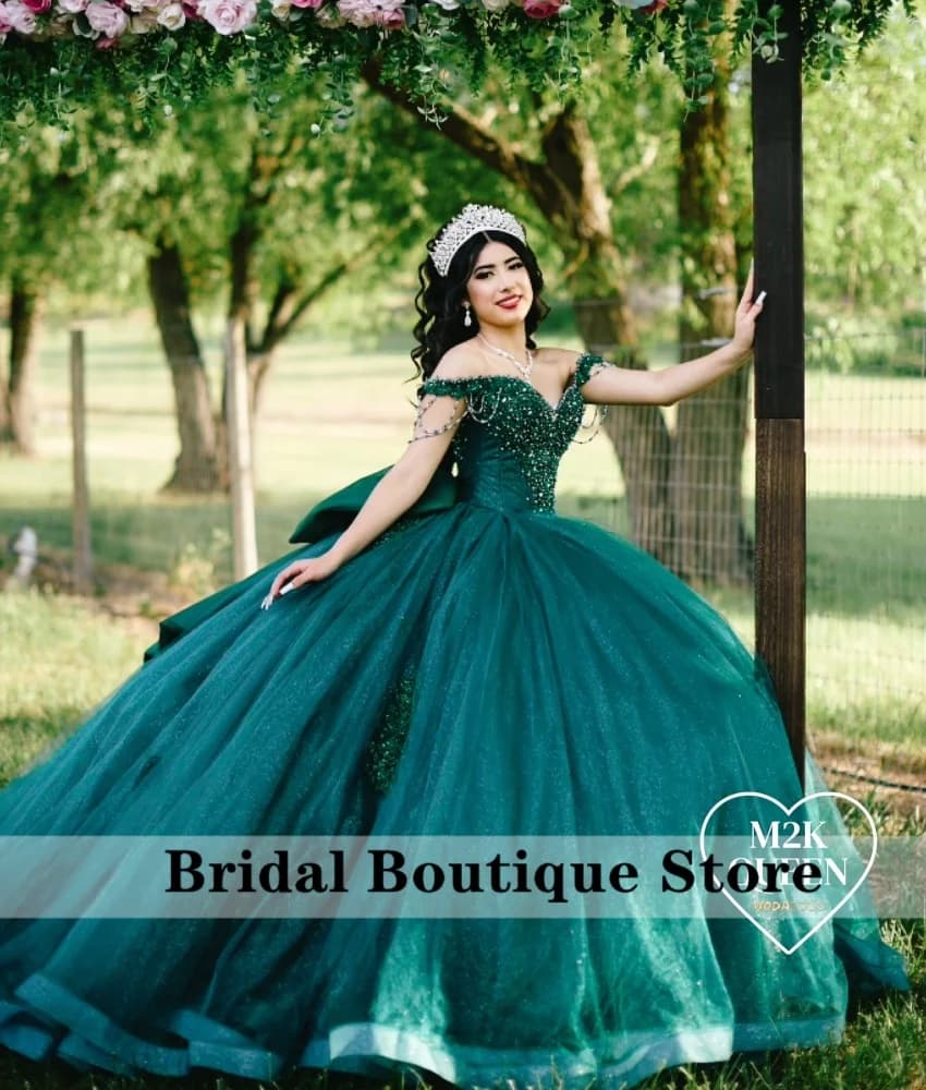 Exquisite Emerald Green Quinceanera Dresses Princess Bead Crystals Birthday Gowns Graduations Vestidos De 15 With Bow Customized