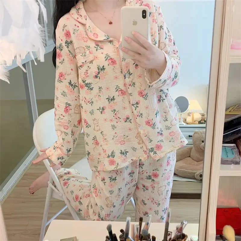 Sweet Cute Women Pajamas Sets Students Floral Print 2Pcs Home Clothing Thin Long Sleeves Trousers Female Cartoon Nightwear S-2XL