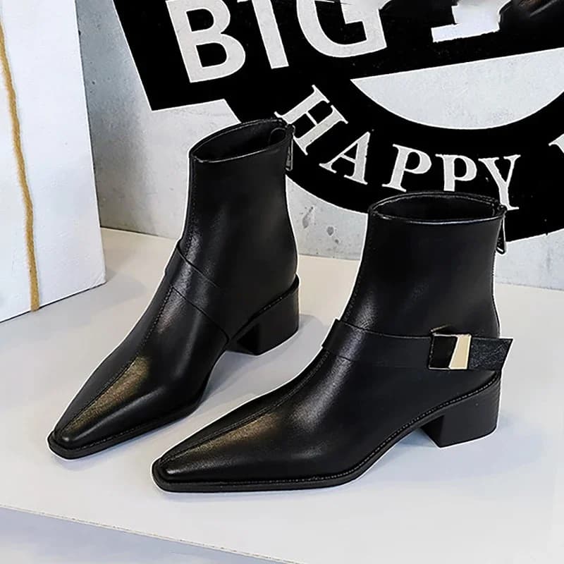 TRAF Faux Leather Ankle Boots for Woman Chic Metal Decorate Inner Velvet Short Boots Women Winter Point Head Square Heel Shoes