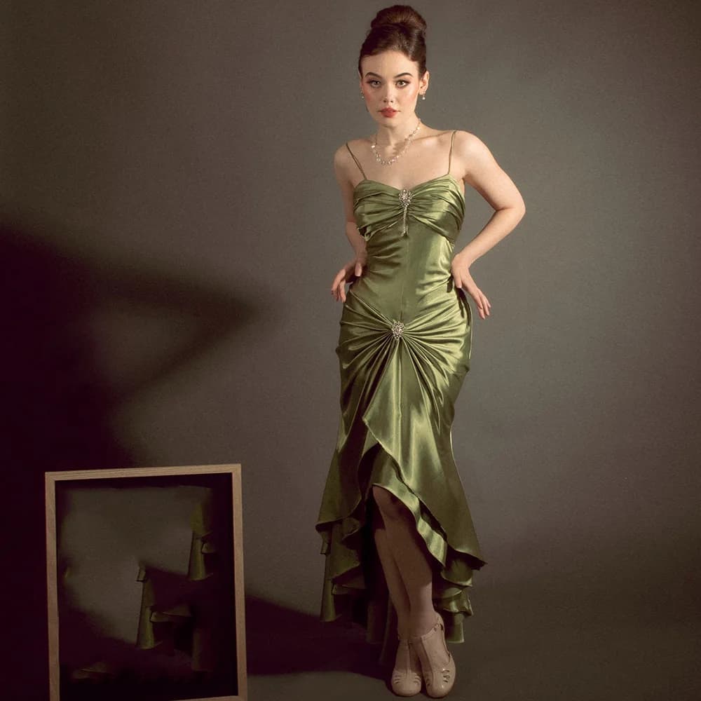 Women's Prom Dress 2023 Spaghetti Straps Mermaid Green Prom Gown Satin Sleeveless Hi-lo Pleat Sexy Party Dresses for Wedding