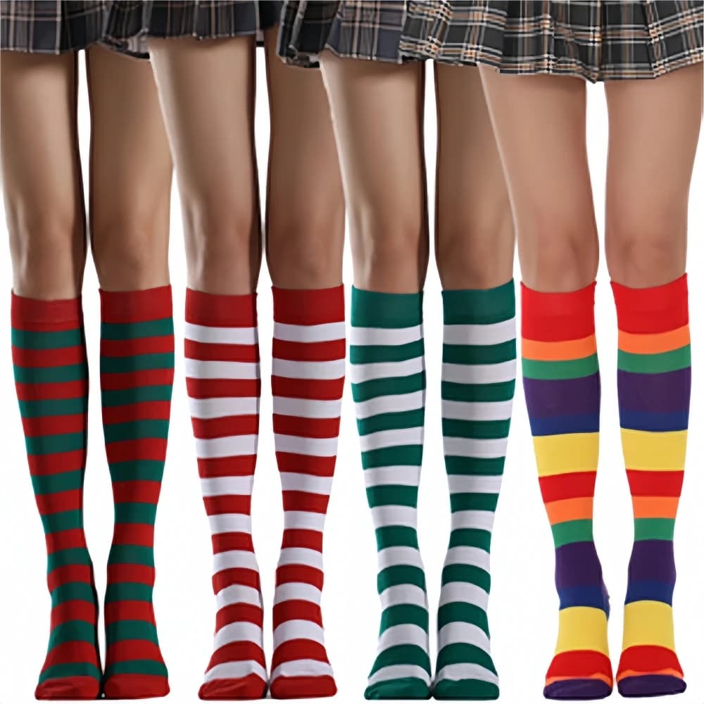 Striped Knee High Thigh Socks Women Fashion Rainbow Long Socks Winter Knitted Warm Knee Socks Cosplay Party Elf Costumes Decor