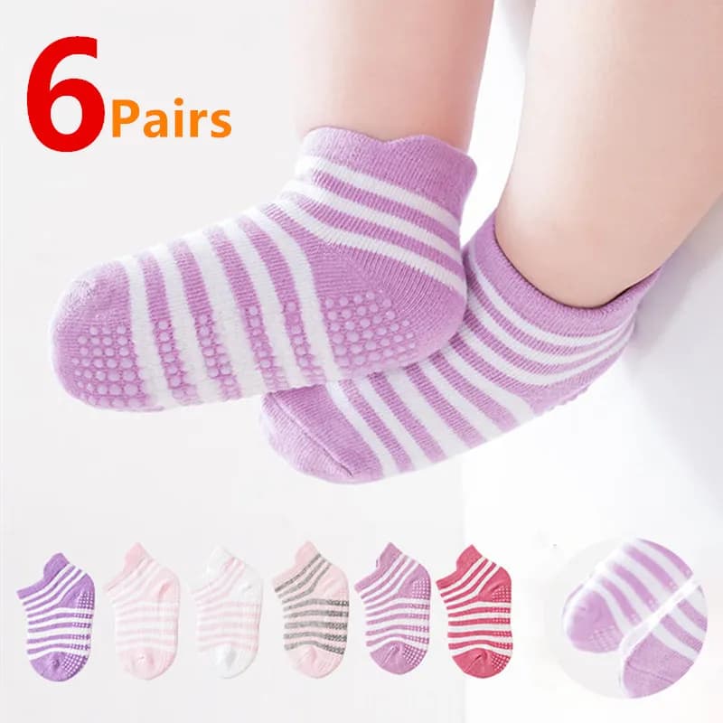 6Pairs/Lot Cotton Kids Anti-Slip Boat Socks Casual Baby Boys Girls Sock Floor Children Socken With Rubber Grips For 0-5Years