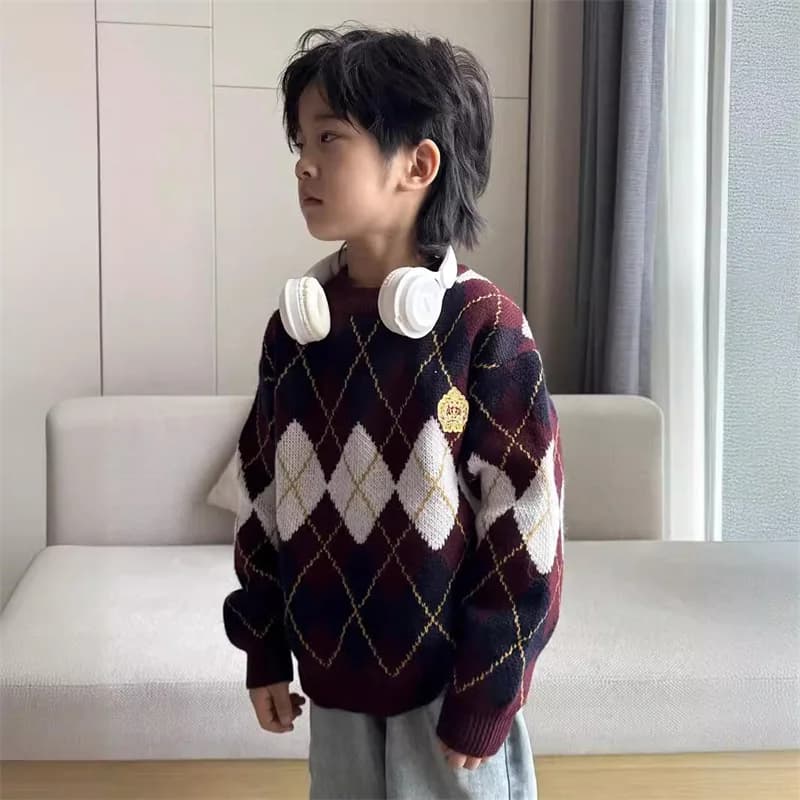 Boys Woolen Sweater Crochet Cotton Windbreak 2024 Plaid Plus Thicken Autumn Winter Pullover Warm Children's Clothing