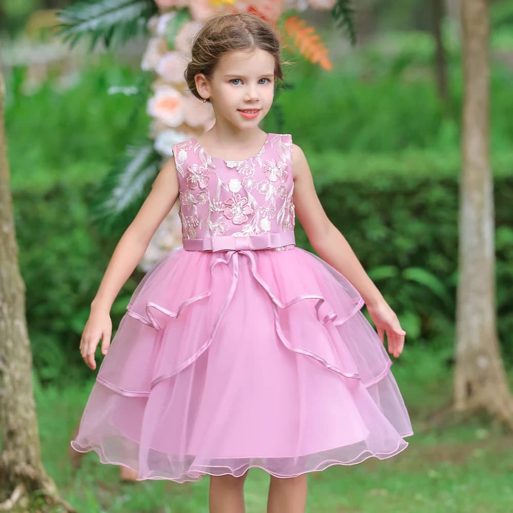 Summer Girls Knee Length Polyester Cotton Kids Bridesmaid Wedding  Birthday Party Dress