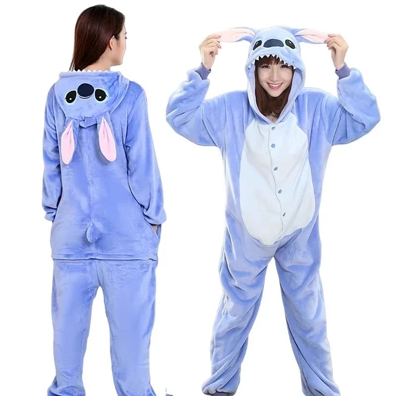 Adults Stitch Cosplay Pajamas Anime Stitch Cute Costume Jumpsuit Pajamas Hooded Sleepwear Halloween Costume for Men Women