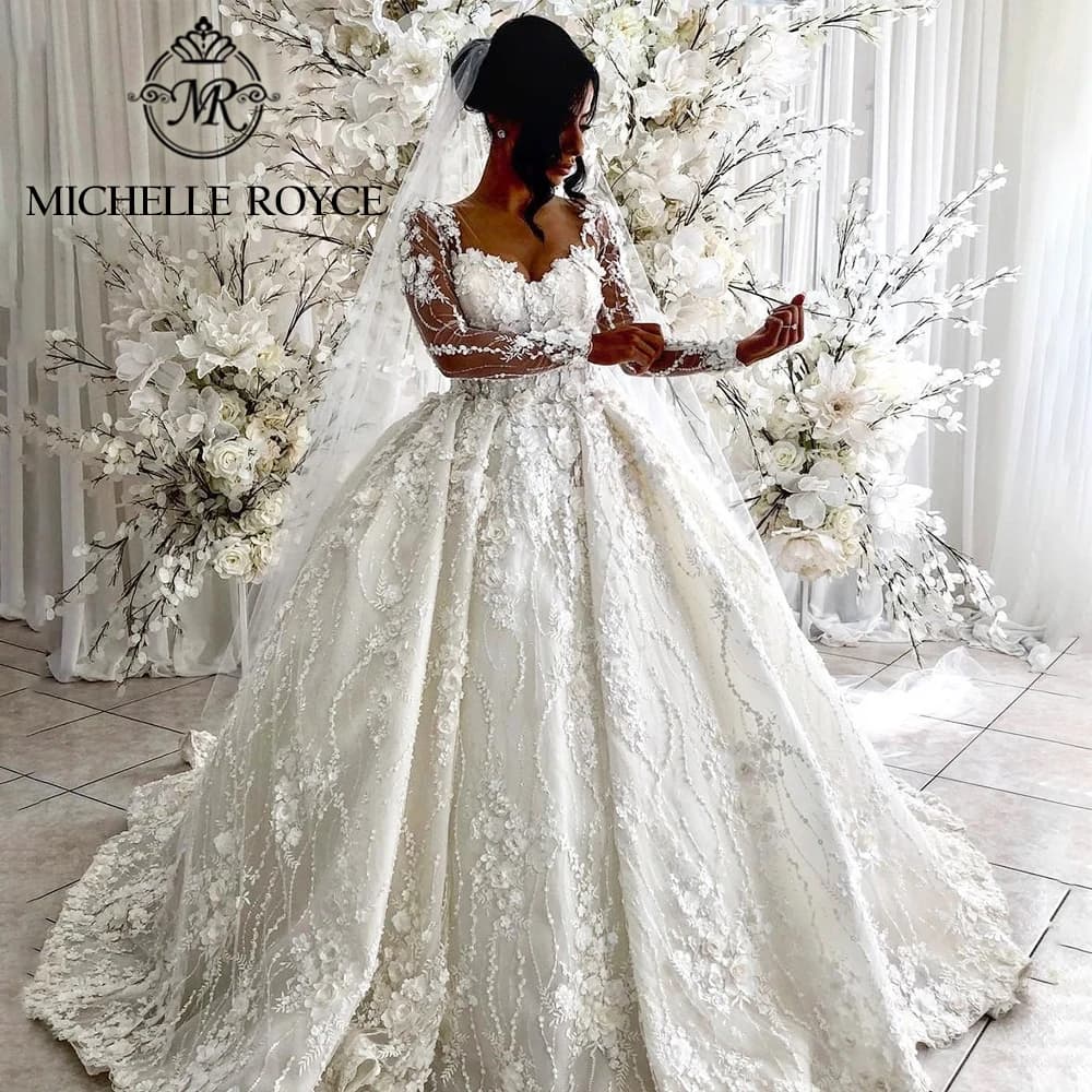 Michelle Royce Luxury Ball Gown Wedding Dresses For Women Sweetheart 3D Flowers Long Sleeves Wedding Gown Vestidos De Novia
