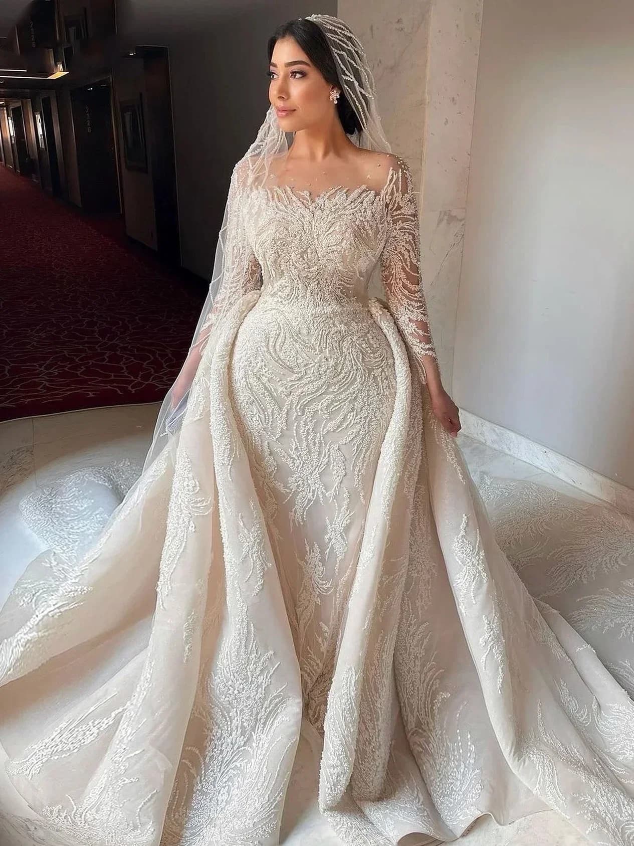 Customzied Long Sleeve Wedding Gown Beaded Mermaid Bride Dresses For Women 2024 Luxury Sequins Wedding Dress Vestidos De Novia