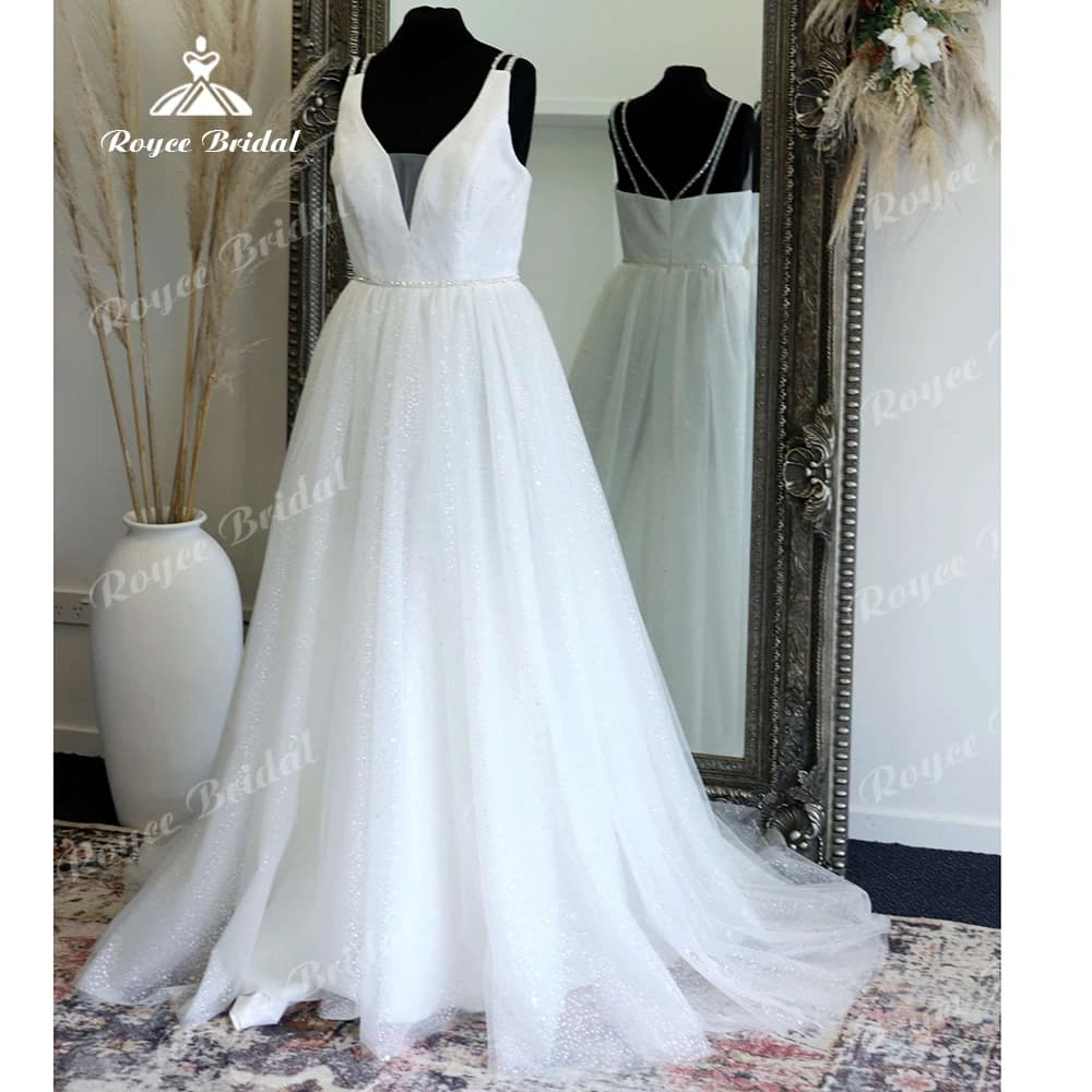 Roycebridal Bling Bling  A Line Wedding Dress Vestidos de Novia Sexy Bridal Gown Plunging Wedding Gowns Robe de mariee