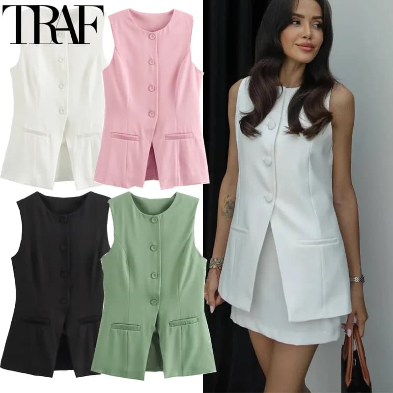 TRAF Women's Vests Sleeveless White Black Pink Vest Women Office Wear Long Vest Woman Outerwears Casual Button Green Suit Vest