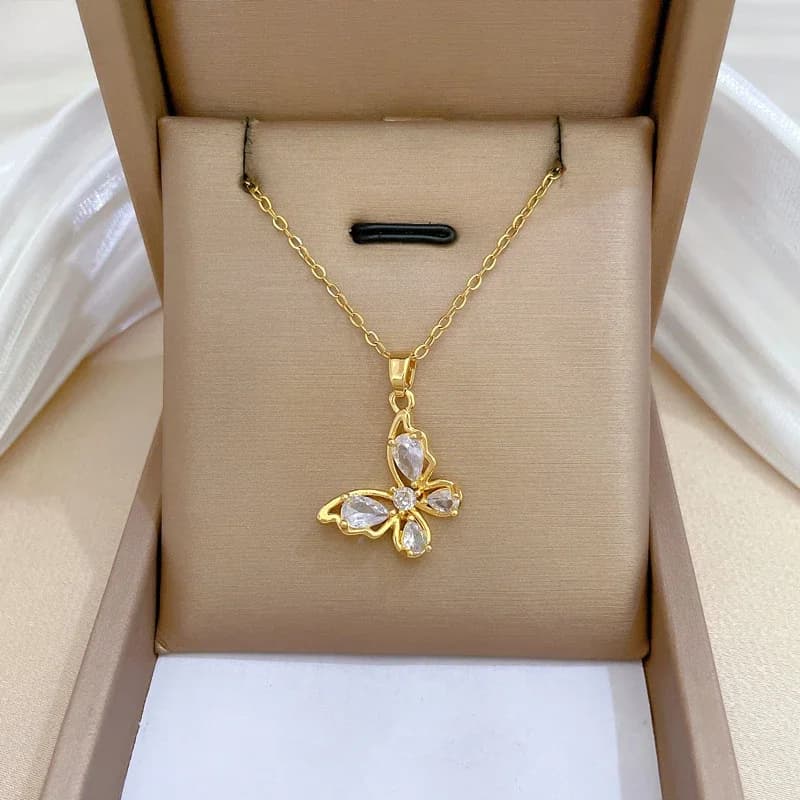 Fashion Butterfly Zircon Pendant Necklace for Women Girls Stainless Steel Chain Party Accessories Jewelry Gifts