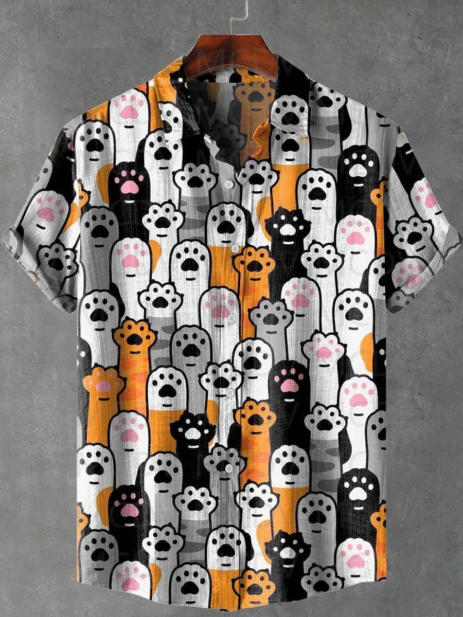 Cute Cat Paw Art Print Lapel Casual Hawaiian Shirt Printed Style Short Sleeve Casual Shirt Men's