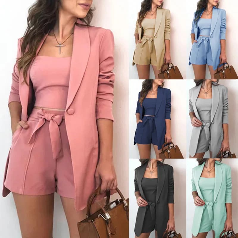 3pcs/Set Office Lady Outfits Long Sleeve Blazer Set Women Solid Color Blazer Coat Shorts Vest Set Woman Sexy Suit Summer Clothes