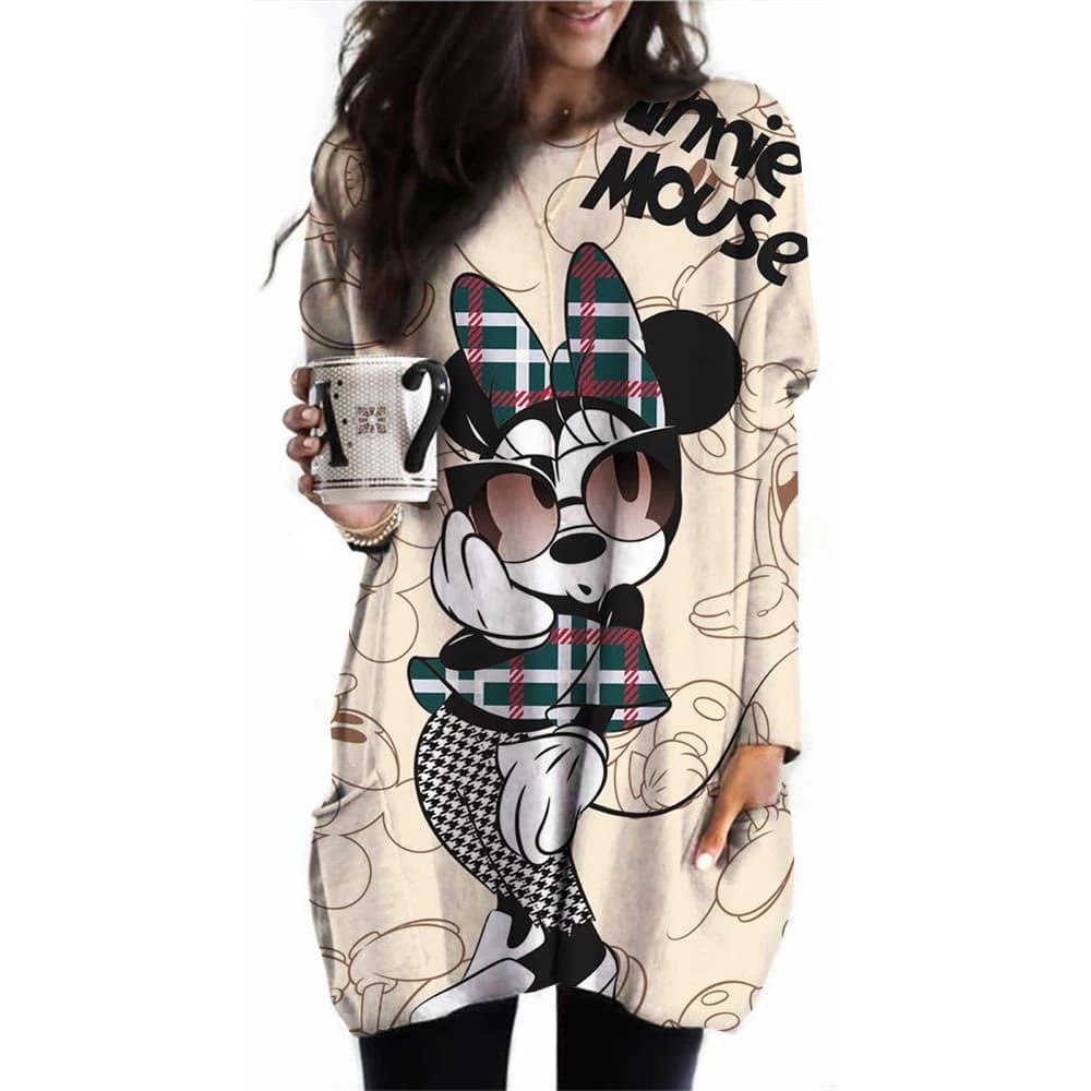 Disney Mickey Mouse printed long sleeved T-shirt new long T-shirt plus size women's round neck top with pocket