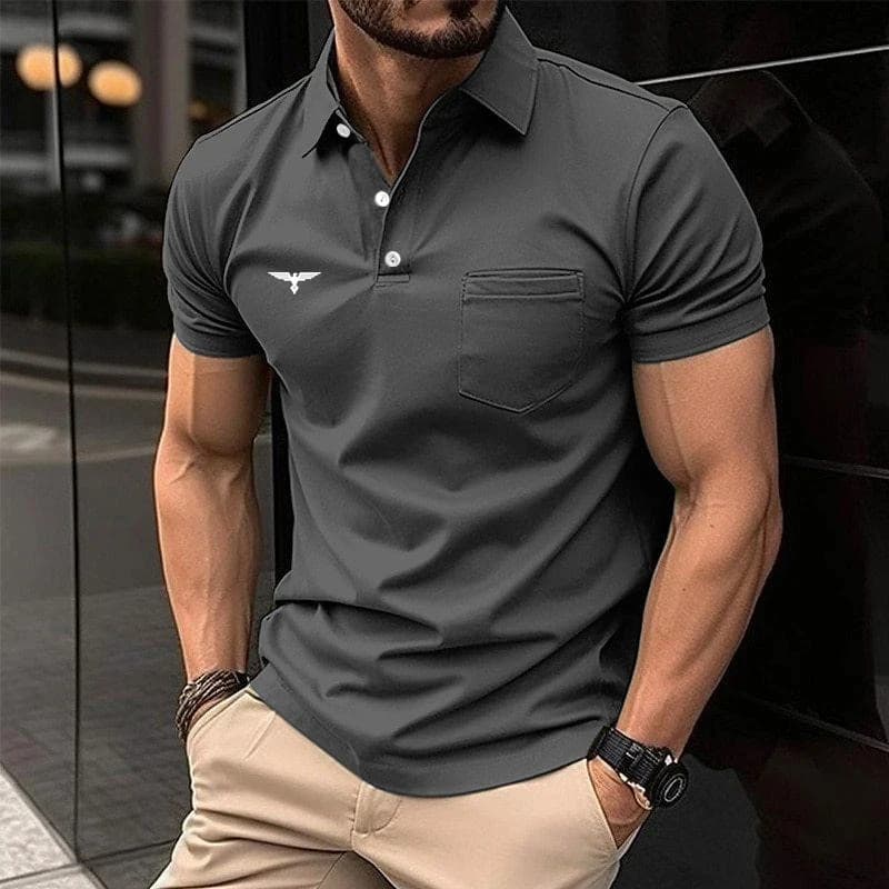 Summer Men Casual Short Sleeve Button Polo Shirt with Pocket