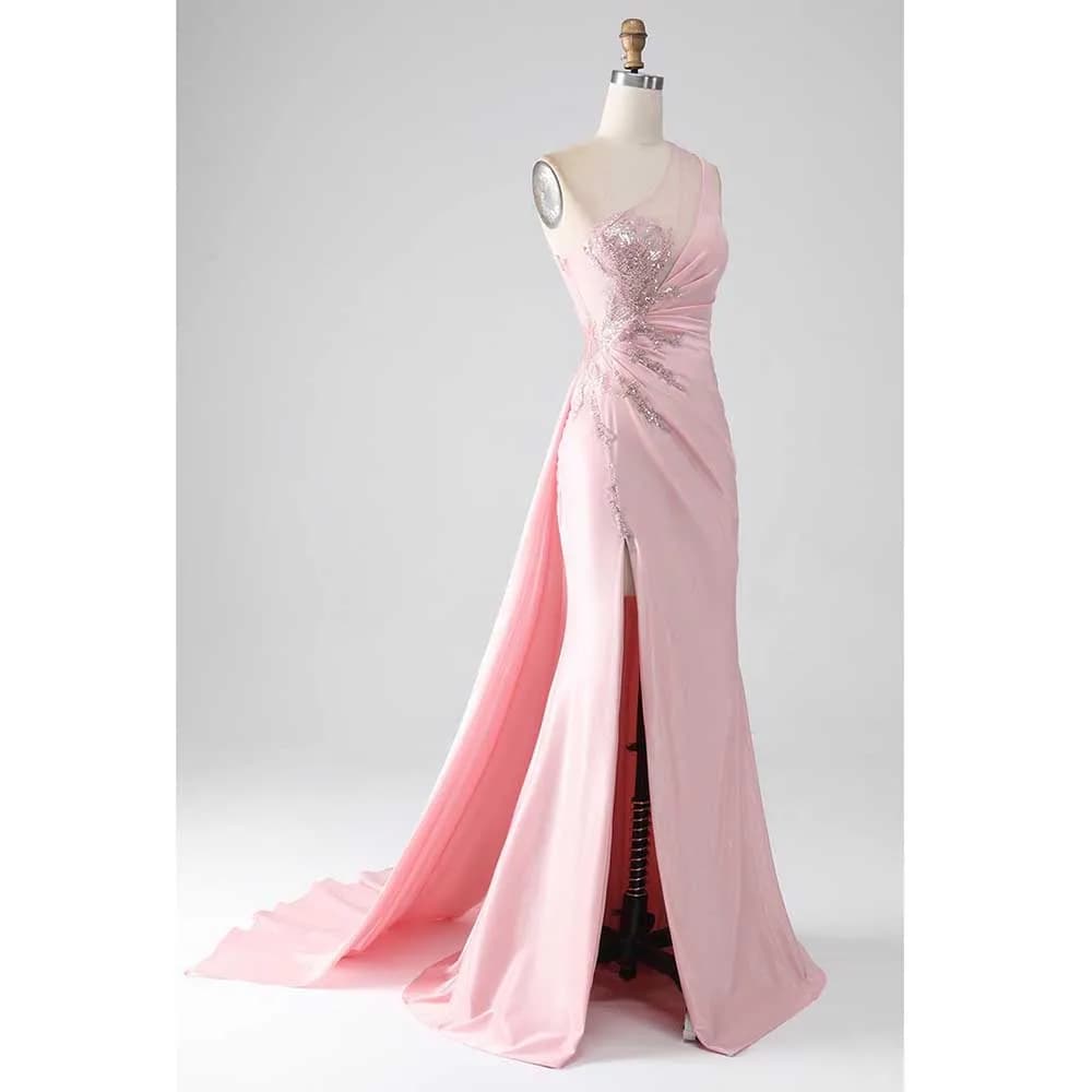 Elegant Pink Women Prom Dresses Shiny Sequin Floor Length One Shoulder Strapless Sexy Side Split Simple Evening Party Gowns