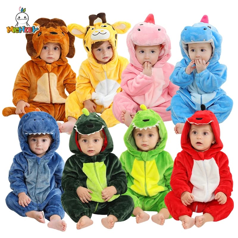 MICHLEY Dinosaur Baby Rompers Winter Hooded Flannel Toddler Infant Clothes Overall Bodysuits Jumpsuit Costume For Kids Carnival
