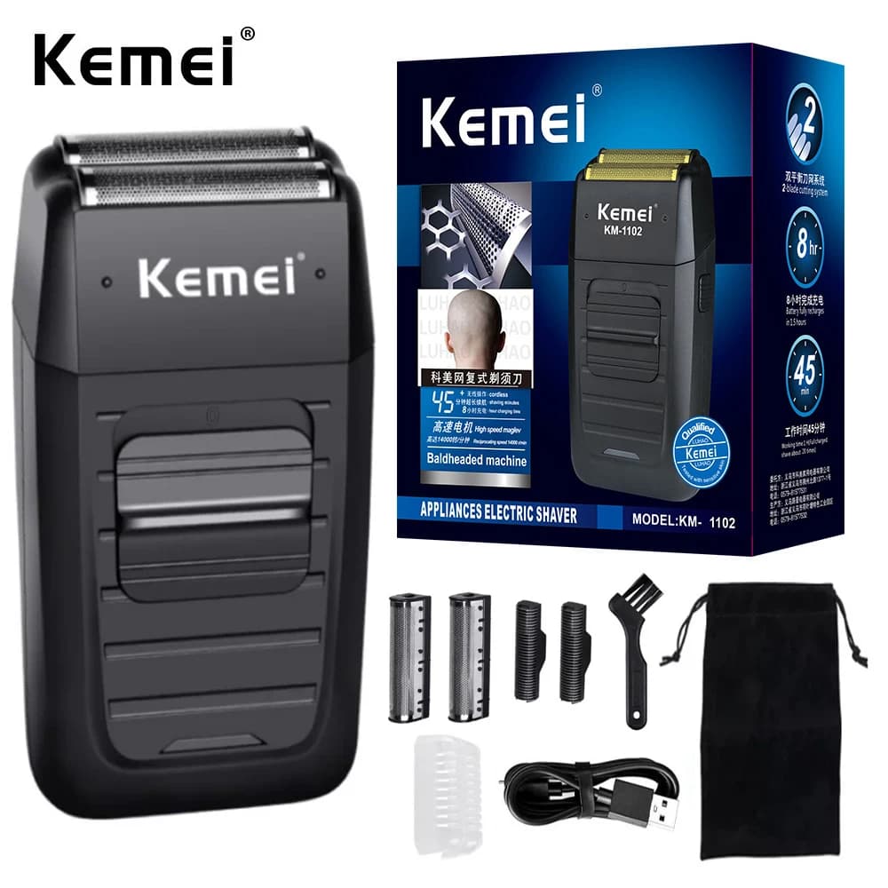 Kemei KM-1102 Rechargeable Cordless Shaver for Men Twin Blade Reciprocating Beard Razor Face Care Multifunction Strong Trimmer