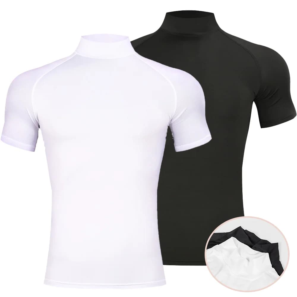 Mens Bodybuilding Sports Tight T-shirt Summer Compression Turtleneck Short Sleeve Gym Fitness Running Quick Dry Male Workout Top