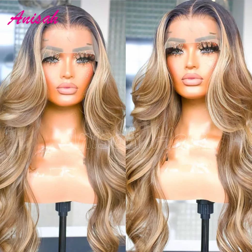 100% Remy Virgin Hair Highlight Ombre Lace Front Wig Body Wave Human Hair Wigs Honey Blonde Colored Closure Wigs For Women