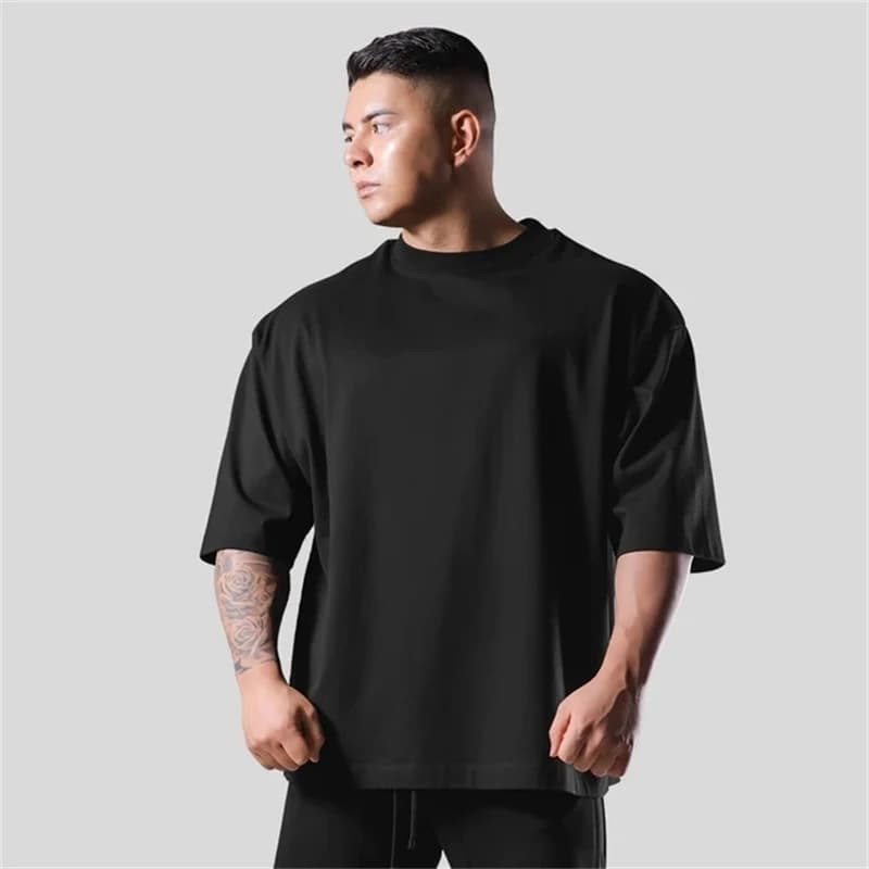 230G M-5XL Solid T Shirt 100% Cotton Gym Sport Fitness Loose Large Size Men Short Sleeve Running Shirt Men Workout Training Tees