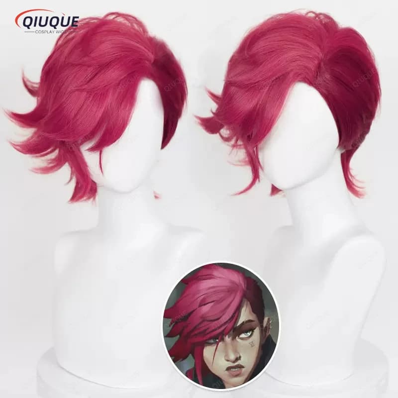Game LOL Arcane Vi Cosplay Wig VI 30cm Deep Rose Short Heat Resistant Synthetic Hair Anime Wigs + Wig Cap