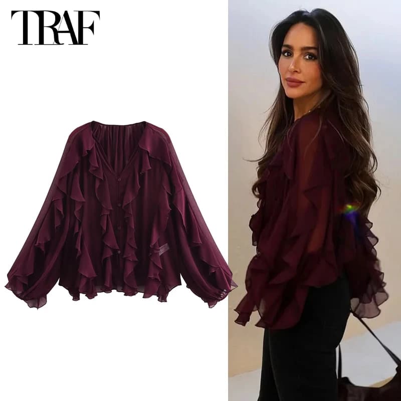 TRAF Ruffle Womens Blouses Semi Sheer Casual Blouses Woman Spring Fairy Shirts and Blouses for Lady Long Sleeve Tops Woman 2025