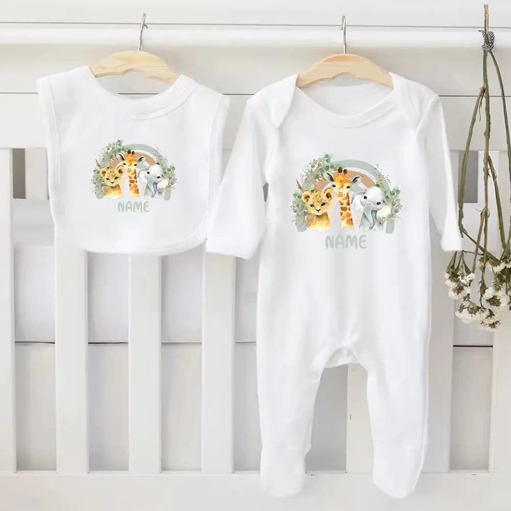 Personalised Baby Bibs & Rompers 2pcs Set Custom Animal with Name Baby Cotton Bib Newborn Jumpsuit Wild One Infant Shower Gifts