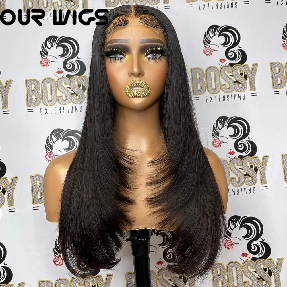 Black Straight Layered Front Wigs Straight Lace Glueless Wig HD Transparent Heat Resistant Layered Lace Front Wig Synthetic Hair