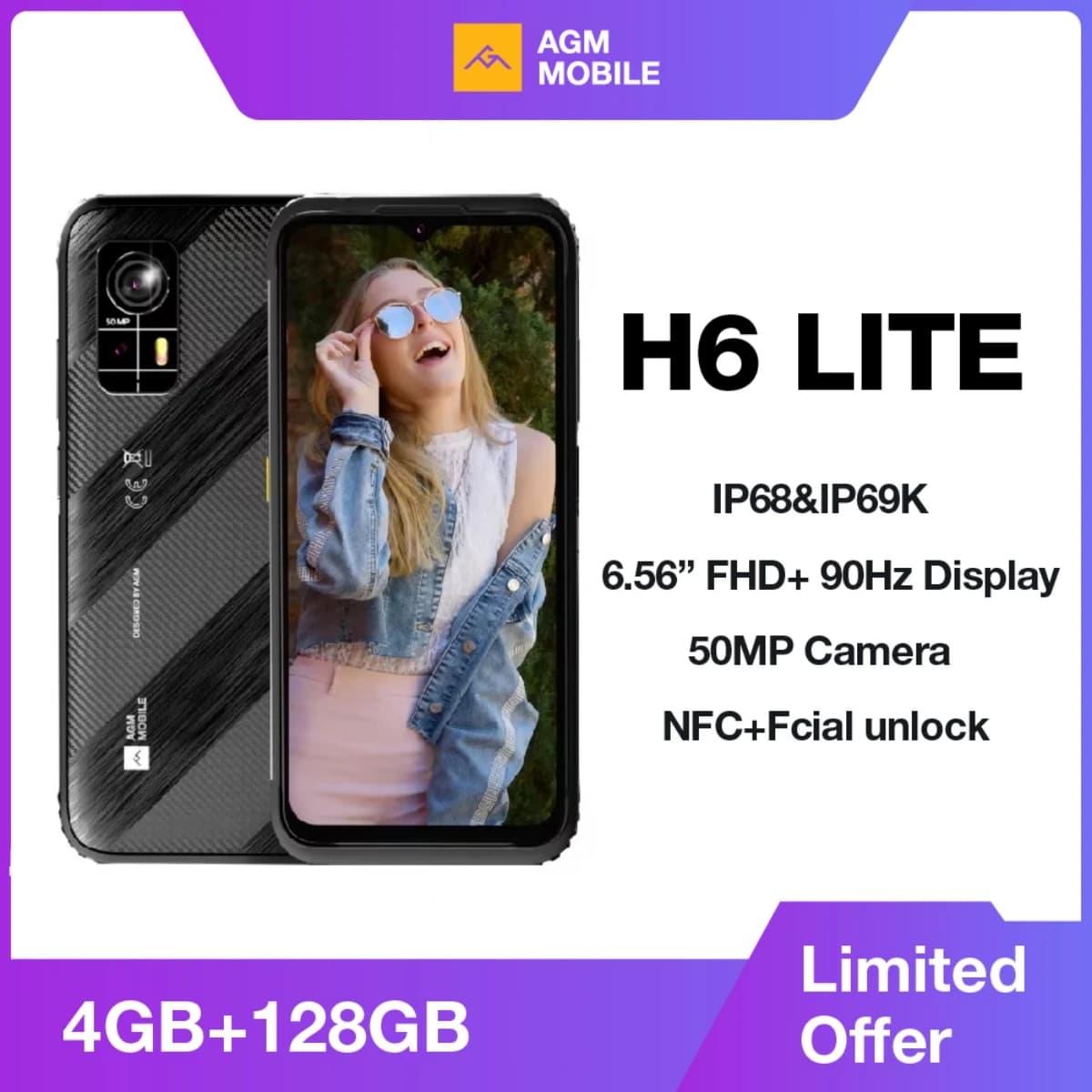 AGM H6 Lite Rugged Smartphone,4GB + 128GB,50MP Camera, 6.56 "HD+ IPS Display, IP68, IP69K, 4900mAh, NFC