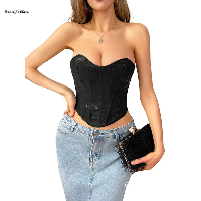 Women's 13 Glue Bone Supported Gothic Korsette Backless Strapless Bustier Pu Leather Corset Top Back Zip Corselet