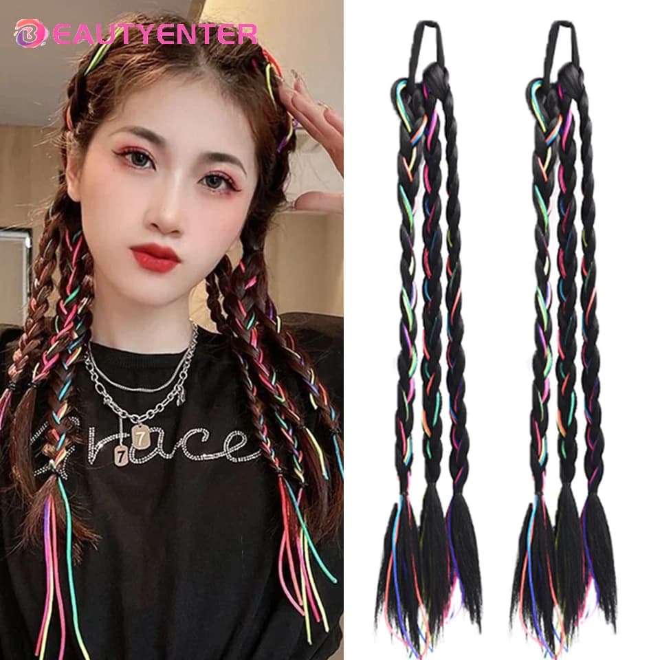 BEAUTYENTER Synthetic Ponytail Braided Bride Oblique Fringe Bangs Hair Extensions Braided Ponytail Black Hairpieces