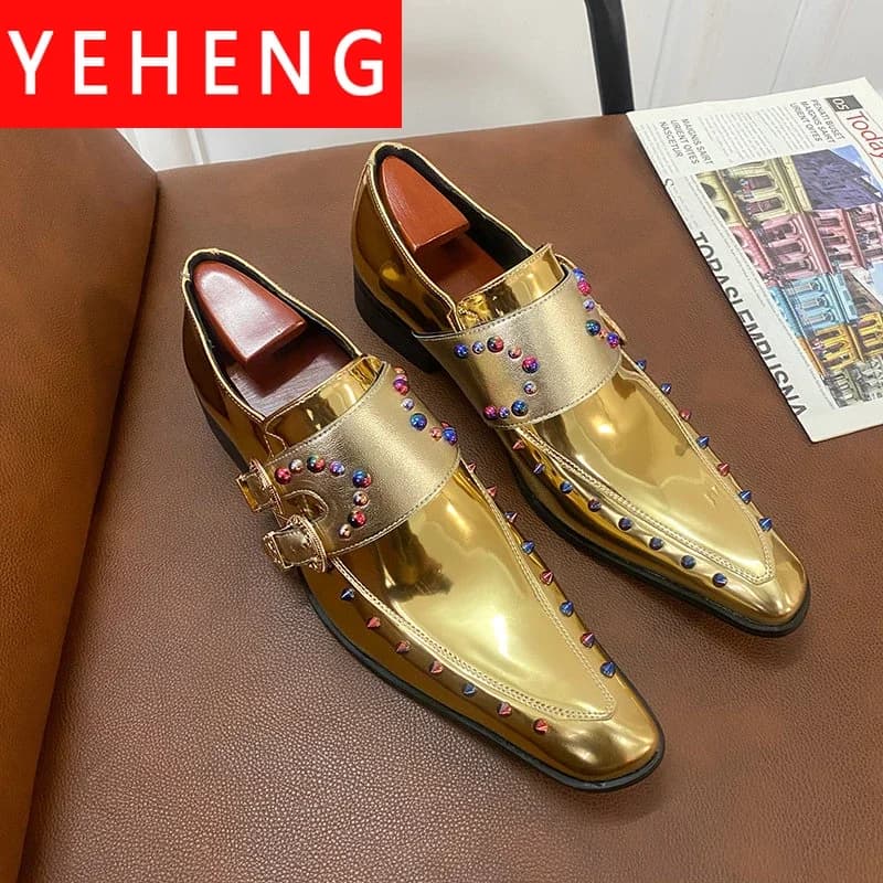 2025 New Gold Men Dress Shoes Rivet Breathable Square Toe Double Buckle Party Fashion Handmade Free Shipping Chelsea Men Loafers