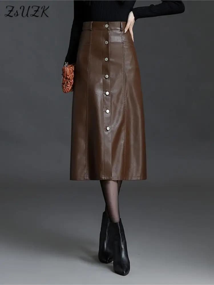 ZUZK Women Pu Leather A-Line Skirt 2024 Autumn Winter Elasitc Waist Button Decorative  Elegant Office Lady Skirt 2Colors