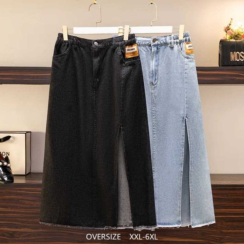 2022 XXL-6XL Women's Summer Hem Slit Denim Skirt Elastic Waist Long A-Line Skirts Black Blue Casual Hip Wrap Jean Skirts JH1113