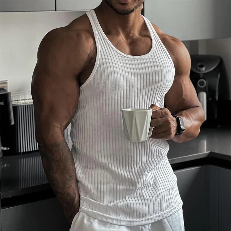Summer men's knitted vest Men's gym Men's racerback Slim fitting vertical stripes Fashion sportswear Breathable training sleevel