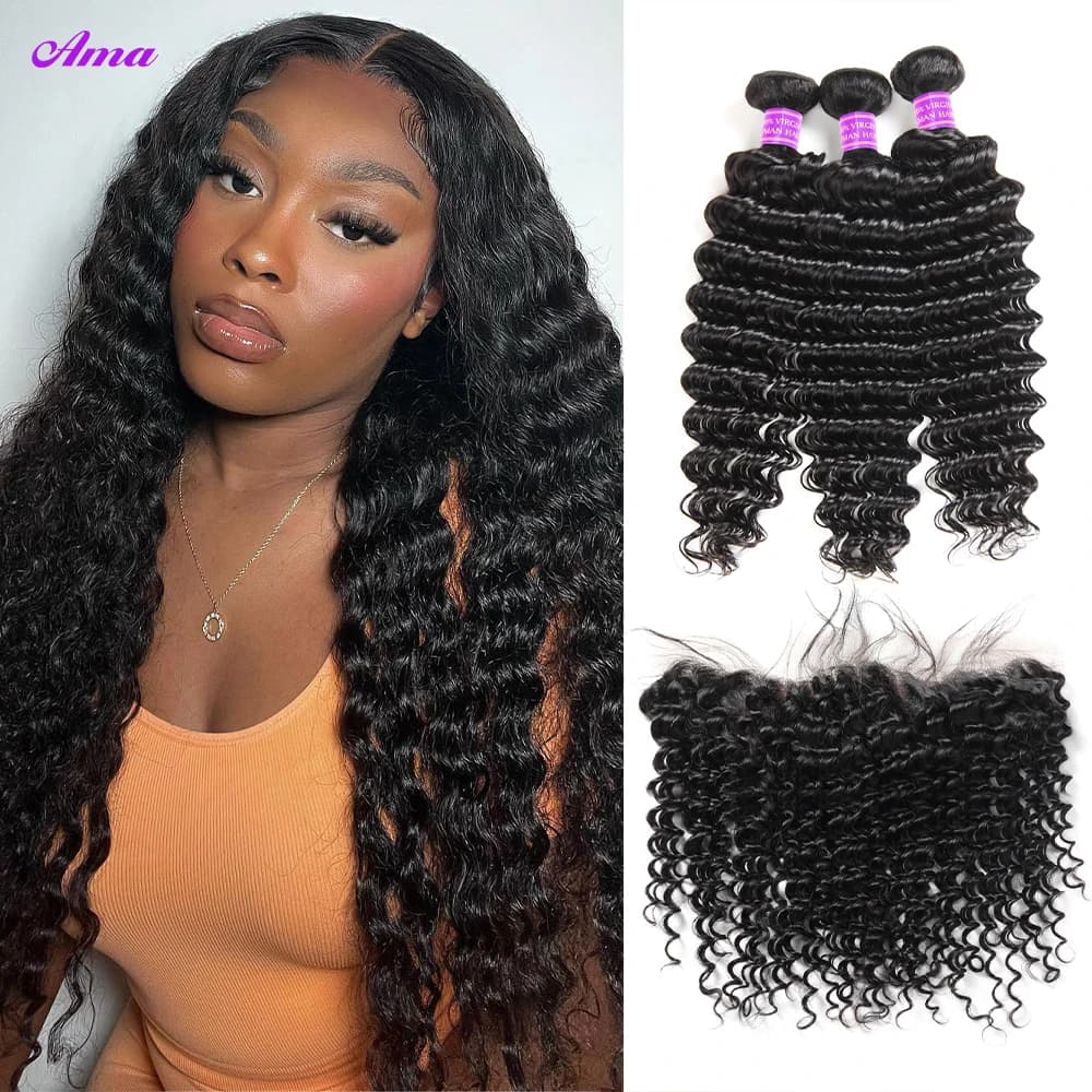 28 30Inch Deep Wave Human Hair Bundles with  Frontal Peruvian Hair Bundles with Frontal  Remy 100% Human Hair Extension