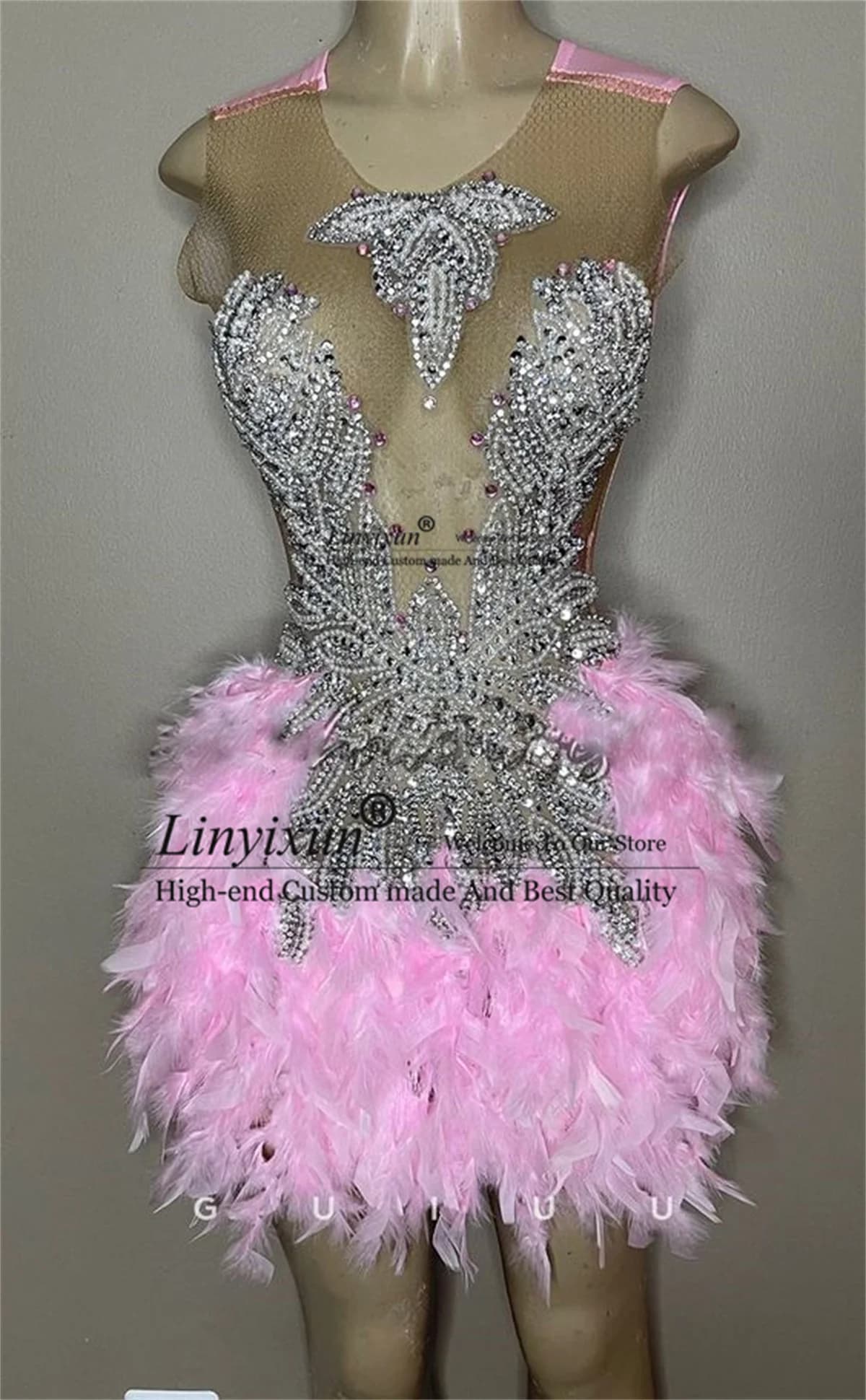 Luxury Beaded Diamond Short Prom Dresses For Black Girls African Feathers Mini Cocktail Dresses Sexy Birthday Homecoming Gown