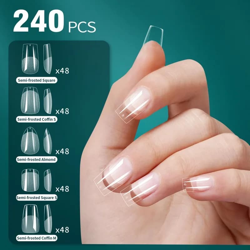 240pcs Mix Shape Soft Gel Nail Tips Full Cover Coffin Stiletto Extra Short Almond Square Quick Extend Build Clear False Nail Tip