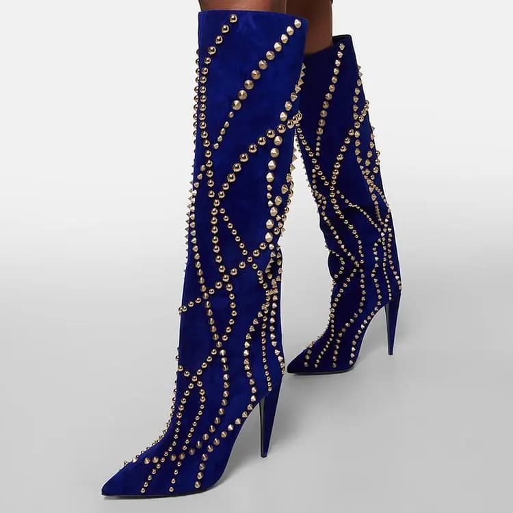 Blue Studs Knee High Boots Pointed Toe High Heel Women's Classy Stiletto Heels Sexy Stage Street Runway Dress Party Shoes