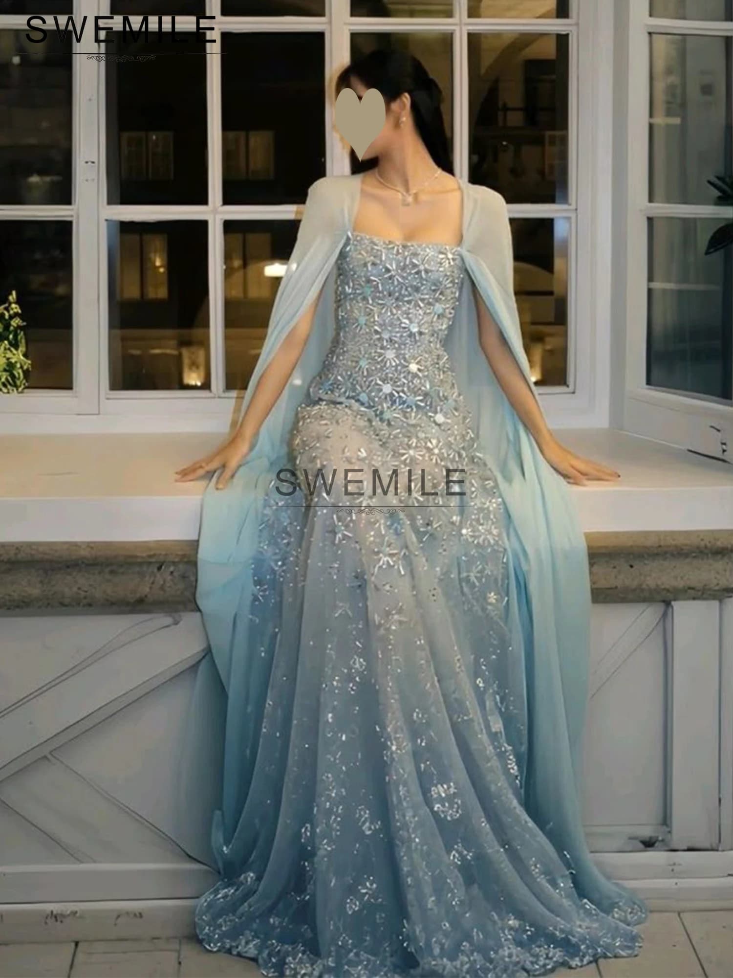 SWEMILE Saudi Arabia Sky Blue Mermaid Cape Sleeve Beaded Evening Dress For Occasion 2025 Square Collar Luxury Prom Gown Custom