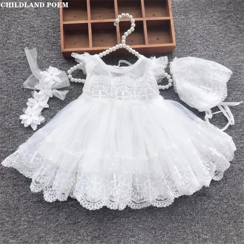Baby Baptism Dress Newborn Wedding 1st Birthday Party Baby Girl Dress Lace Princess White Infant Baby Christening Gowns With Hat