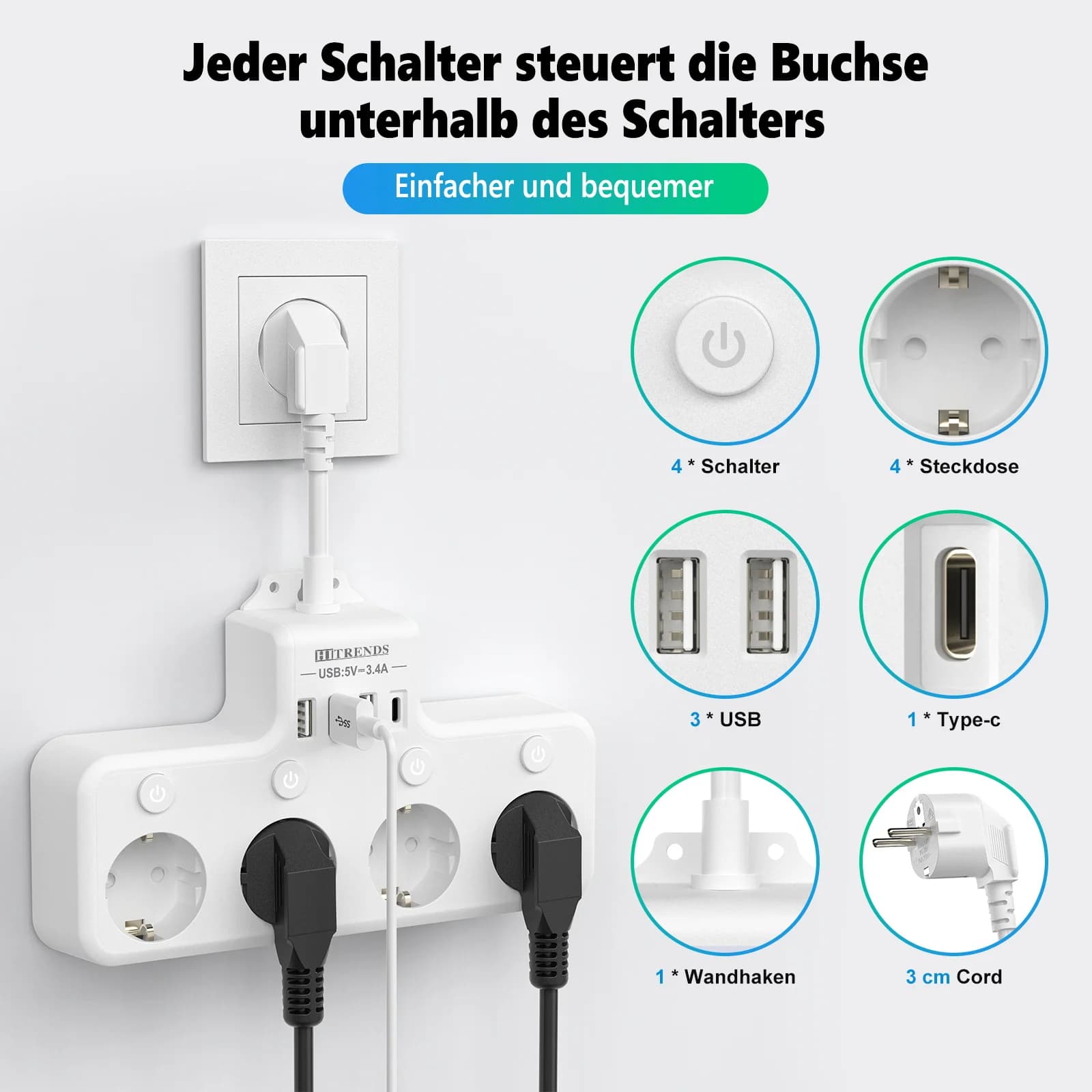Eu plug multi-contact socket 3/4/5AC+USB-C and Type-C fast charging ports home power socket with switching surge protector
